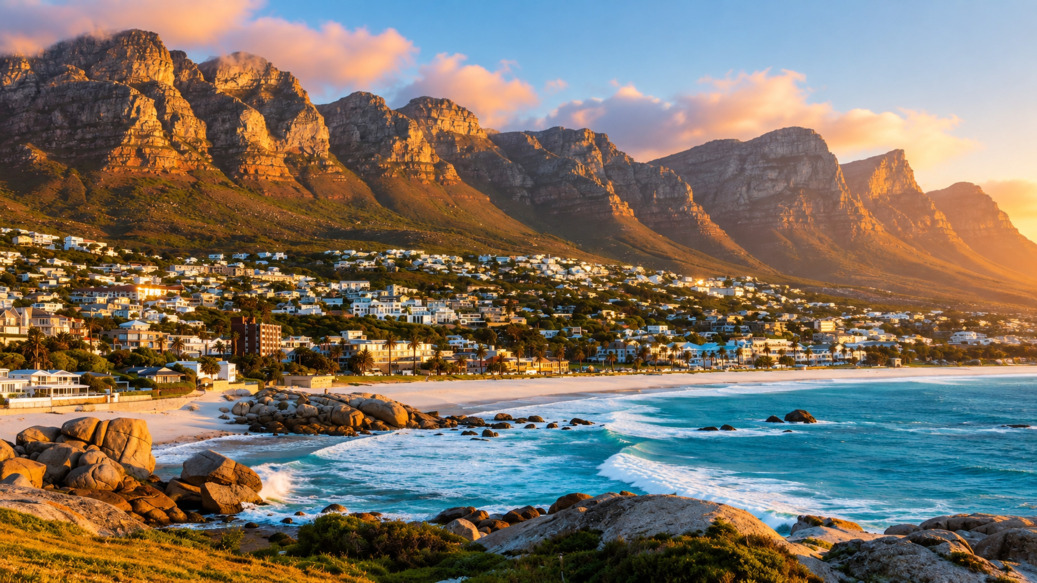Camps Bay beach with the Twelve Apostles mountains, Cape Town